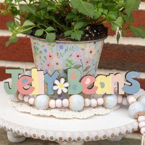 Spring Easter Basket JELLYBEANS Wooden Sign Flowers Springtime Home Decorations